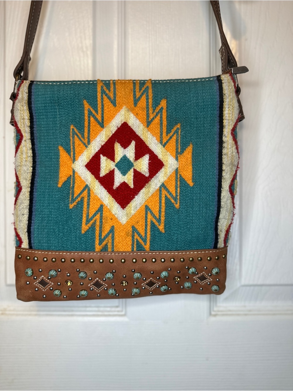 Conceal carry Turquoise Southwestern Canvas Crossbody Bag with Studded Trim